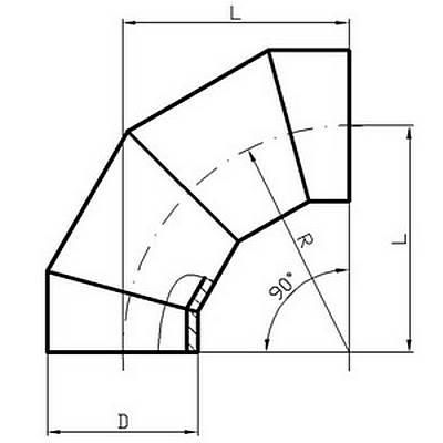 Чертёж секционного отвода под углом 90° (градусов)